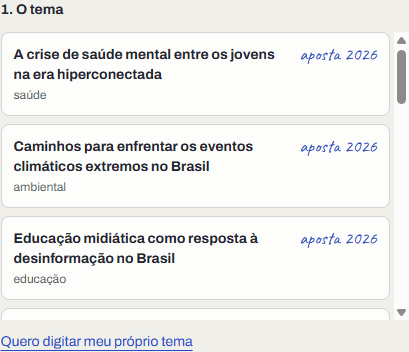 Tela de nova redação do ESPELHO com o banco de temas e as apostas para 2026 marcadas